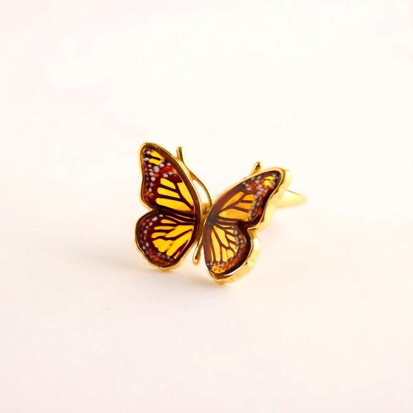 Baltic Amber Gold Butterfly Ring- 14k Gold Plated S925 - Picture 2 of 7
